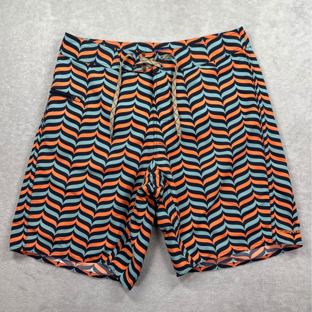 Patagonia Board Shorts Mens 34 Orange Blue Wavefarer Chevron Swim Trunks Summer